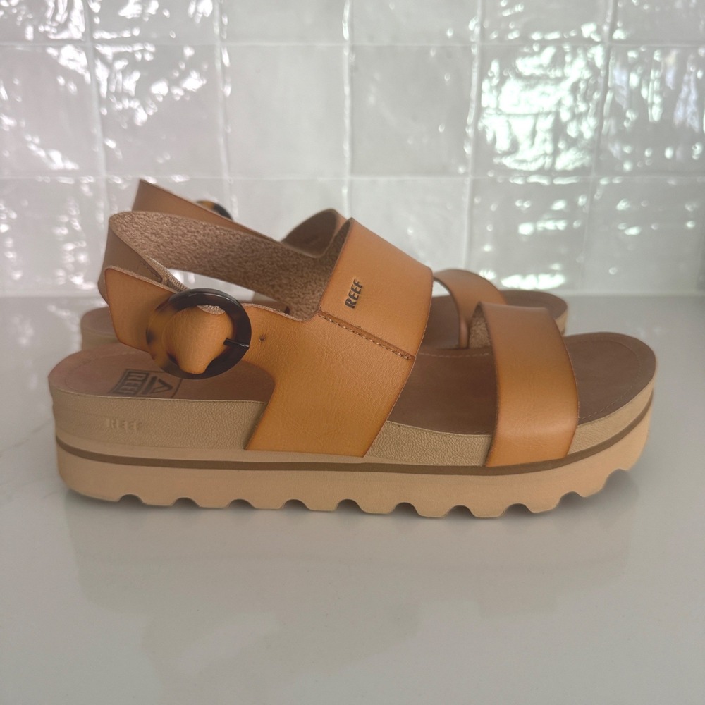Reef Vista Hi Buckle Sandals Women 8.5 Natural Tan Platform Tortoise Comfort - Picture 2 of 7